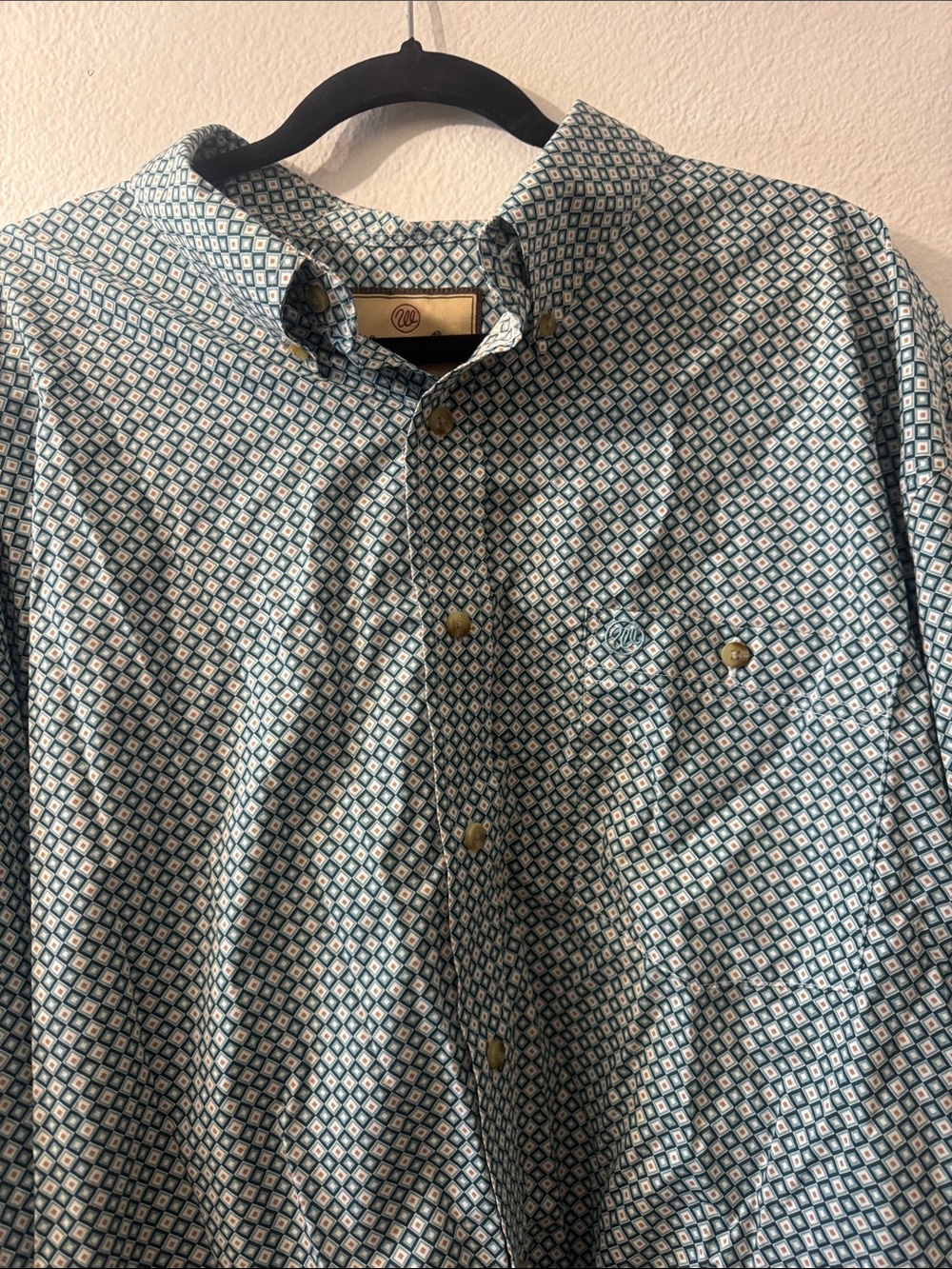 Wrangler Teal and White Diamond-Print Button-Up Shirt